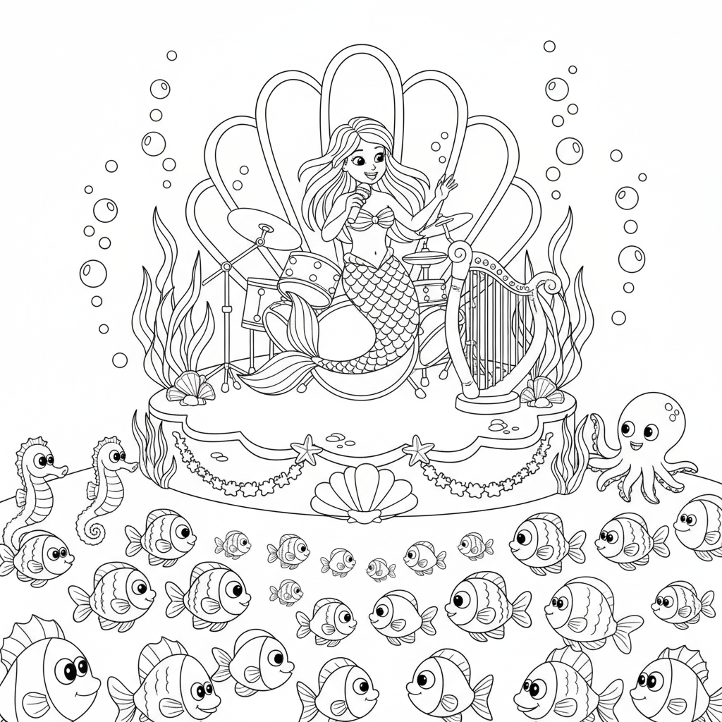 Mermaid concert underwater stage audience fish - Free Printable Coloring Page