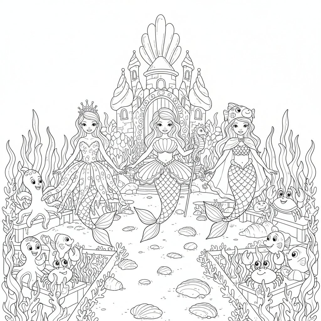Mermaid fashion show runway sea themed outfits - Free Printable Coloring Page Mermaid fashion show runway sea themed outfits - Free Printable Coloring Page