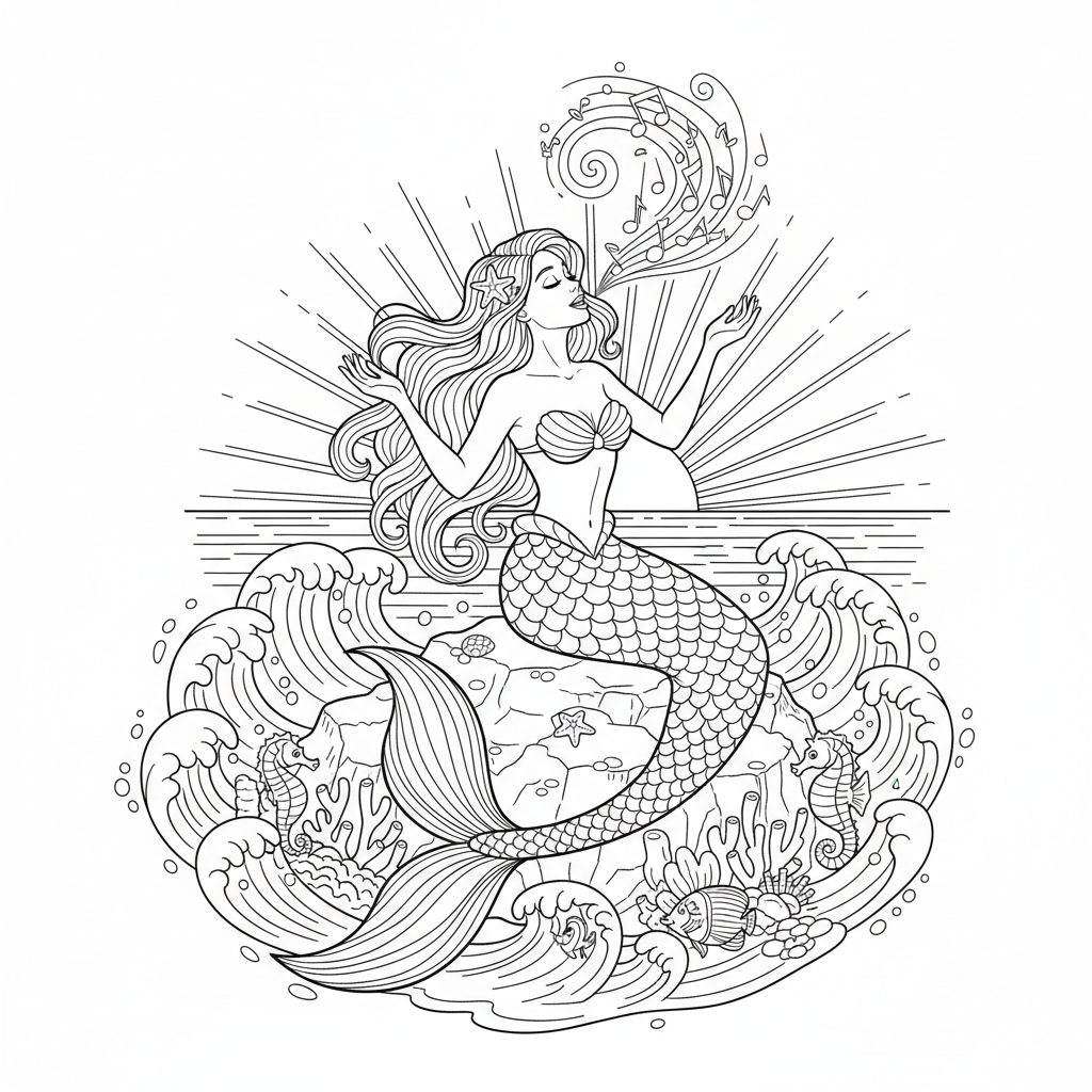 Página para colorear de sirena cantando en la roca del