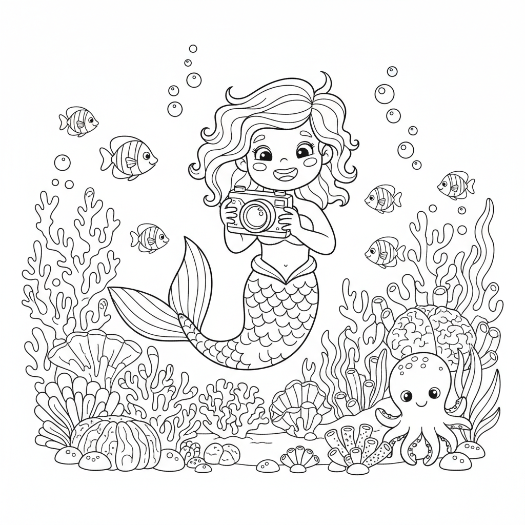 Mermaid photographer underwater camera coral reef - Free Printable Coloring Page Mermaid photographer underwater camera coral reef - Free Printable Coloring Page