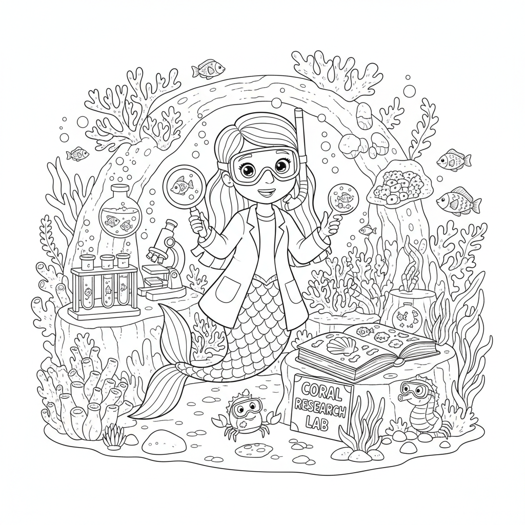 Mermaid scientist researching coral reef lab - Free Printable Coloring Page Mermaid scientist researching coral reef lab - Free Printable Coloring Page