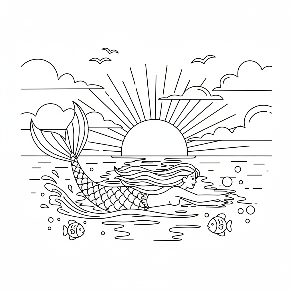 Mermaid sunset surface swimming golden horizon - Free Printable Coloring Page Mermaid sunset surface swimming golden horizon - Free Printable Coloring Page