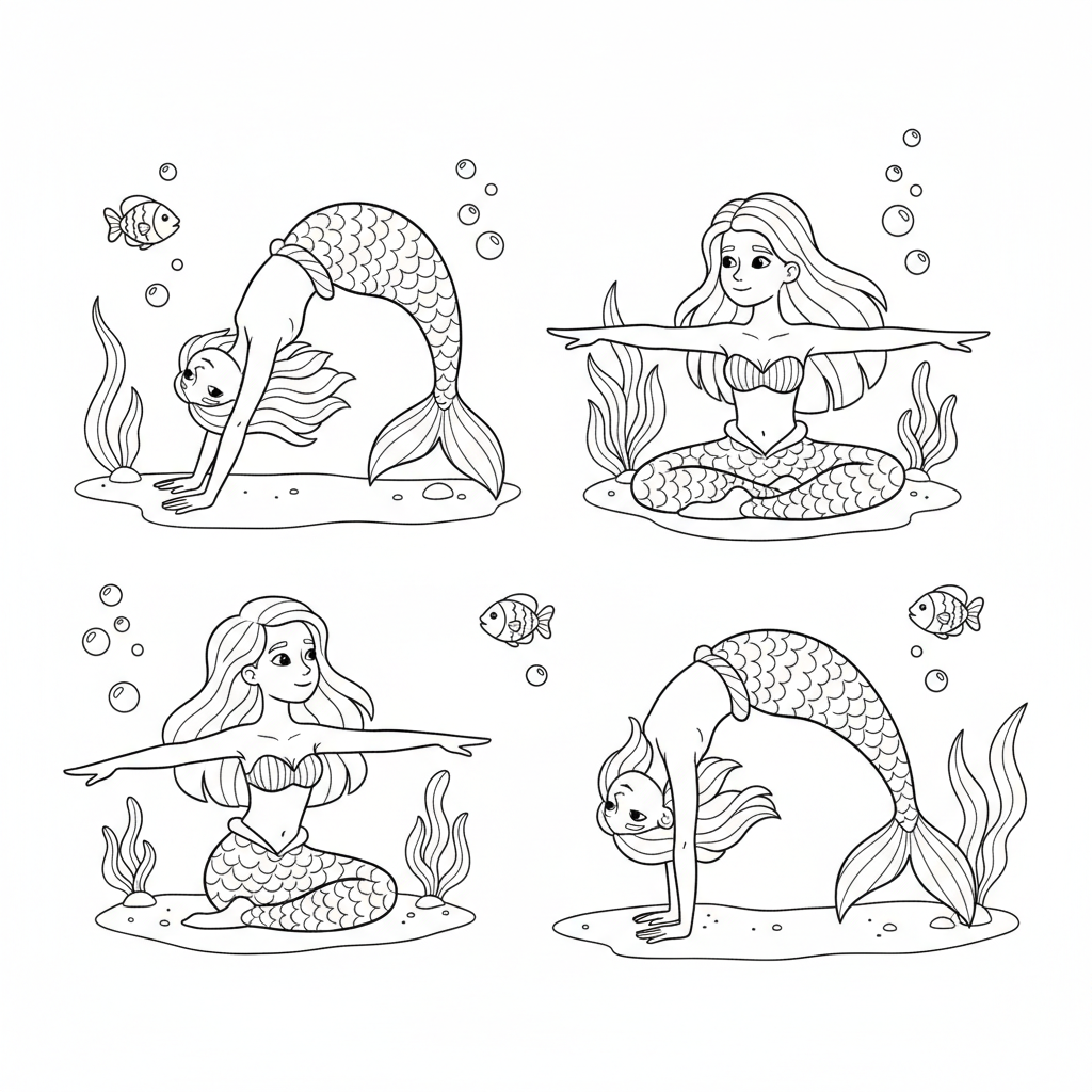 Mermaid yoga stretching underwater flexible poses - Free Printable Coloring Page Mermaid yoga stretching underwater flexible poses - Free Printable Coloring Page