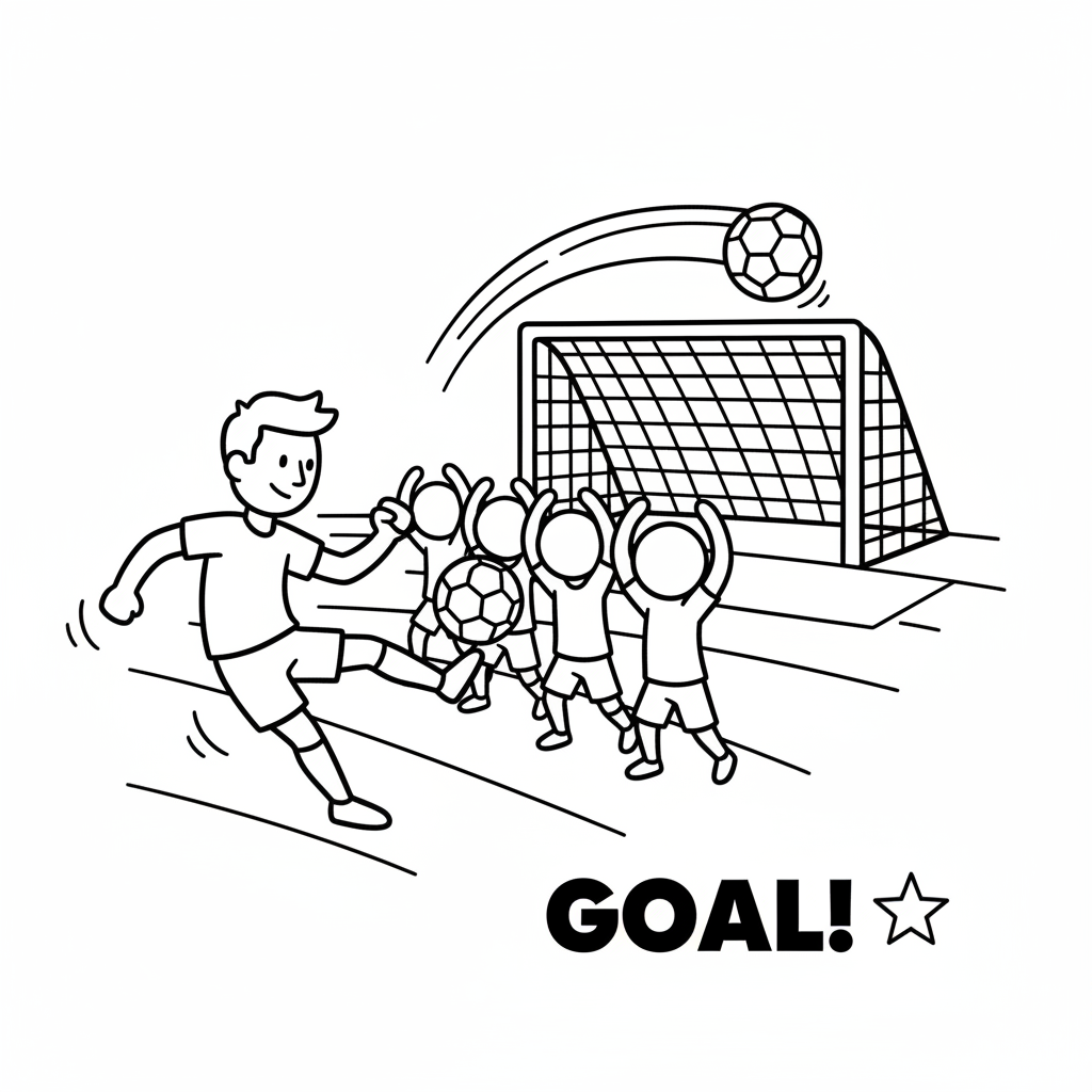 Soccer genius free kick bending ball over wall into goal - Free Printable Coloring Page Soccer genius free kick bending ball over wall into goal - Free Printable Coloring Page
