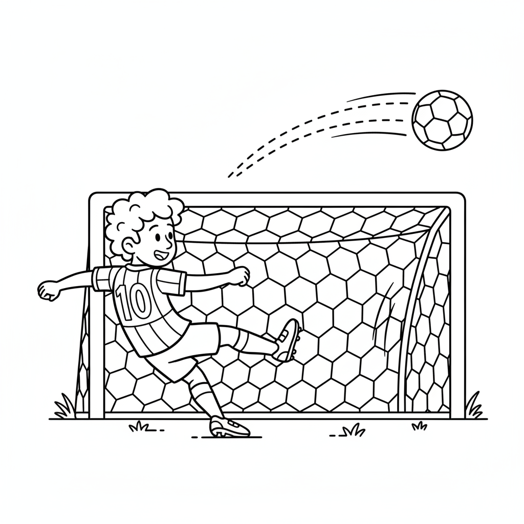 Voetbalgenie scoort een ongelooflijk doelpunt door de bal met een curve in het net te werken. - Gratis afdrukbare kleurplaat Voetbalgenie scoort een ongelooflijk doelpunt door de bal met een curve in het net te werken. - Gratis afdrukbare kleurplaat