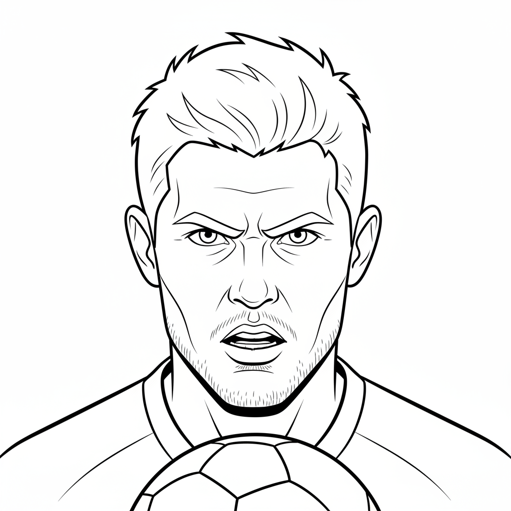 Portrait d'une légende du football, gros plan sur une expression déterminée et concentrée - Coloriage gratuit à imprimer