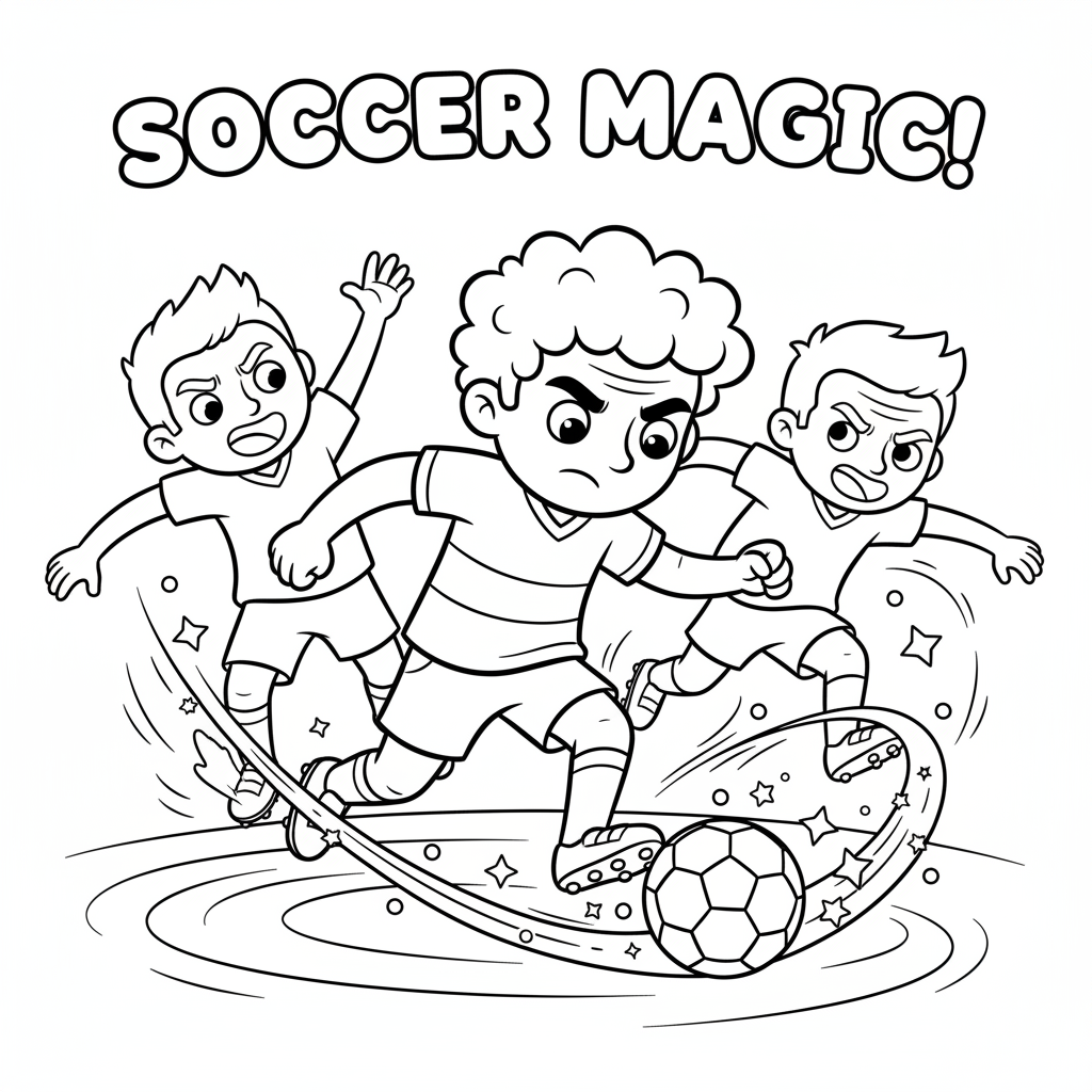 Soccer maestro dribbling past defenders with magical ball control - Free Printable Coloring Page Soccer maestro dribbling past defenders with magical ball control - Free Printable Coloring Page