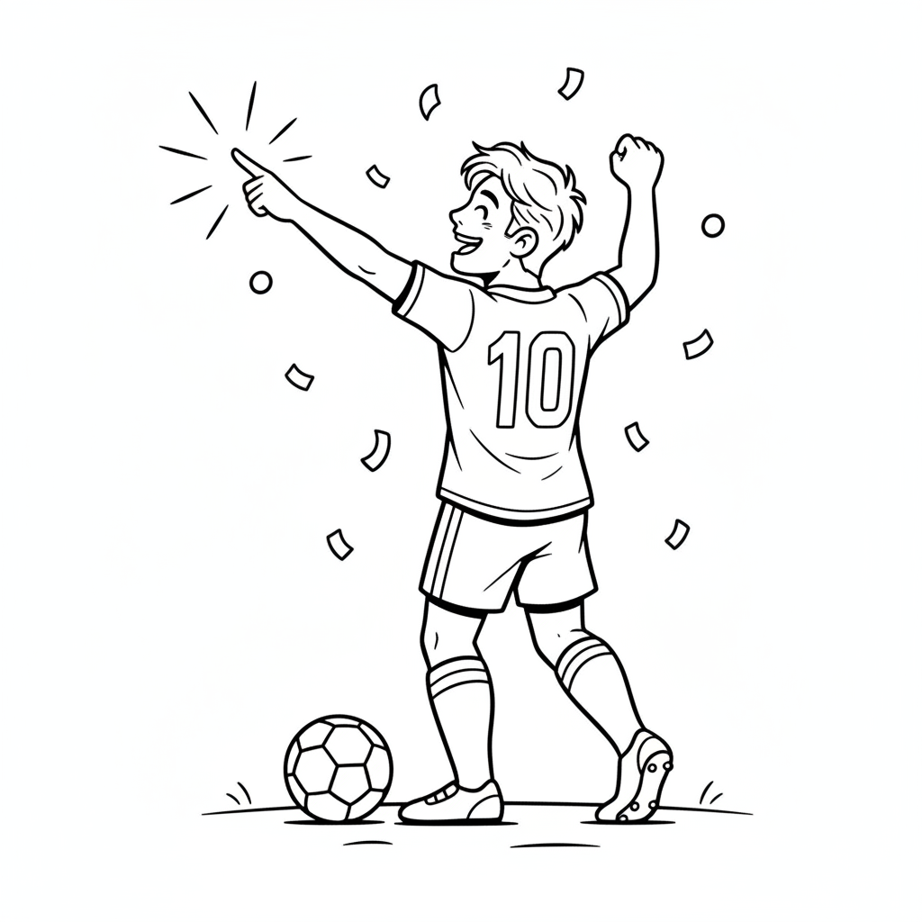 Jugador de fútbol celebrando gol apuntando al cielo emocionado - Página para colorear gratis Jugador de fútbol celebrando gol apuntando al cielo emocionado - Página para colorear gratis