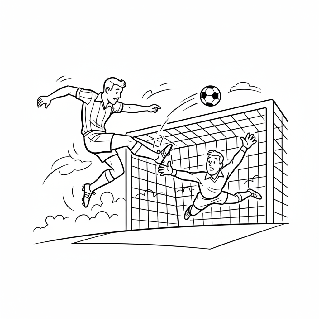 Soccer player chip shot over goalkeeper elegant finish - Free Printable Coloring Page Soccer player chip shot over goalkeeper elegant finish - Free Printable Coloring Page