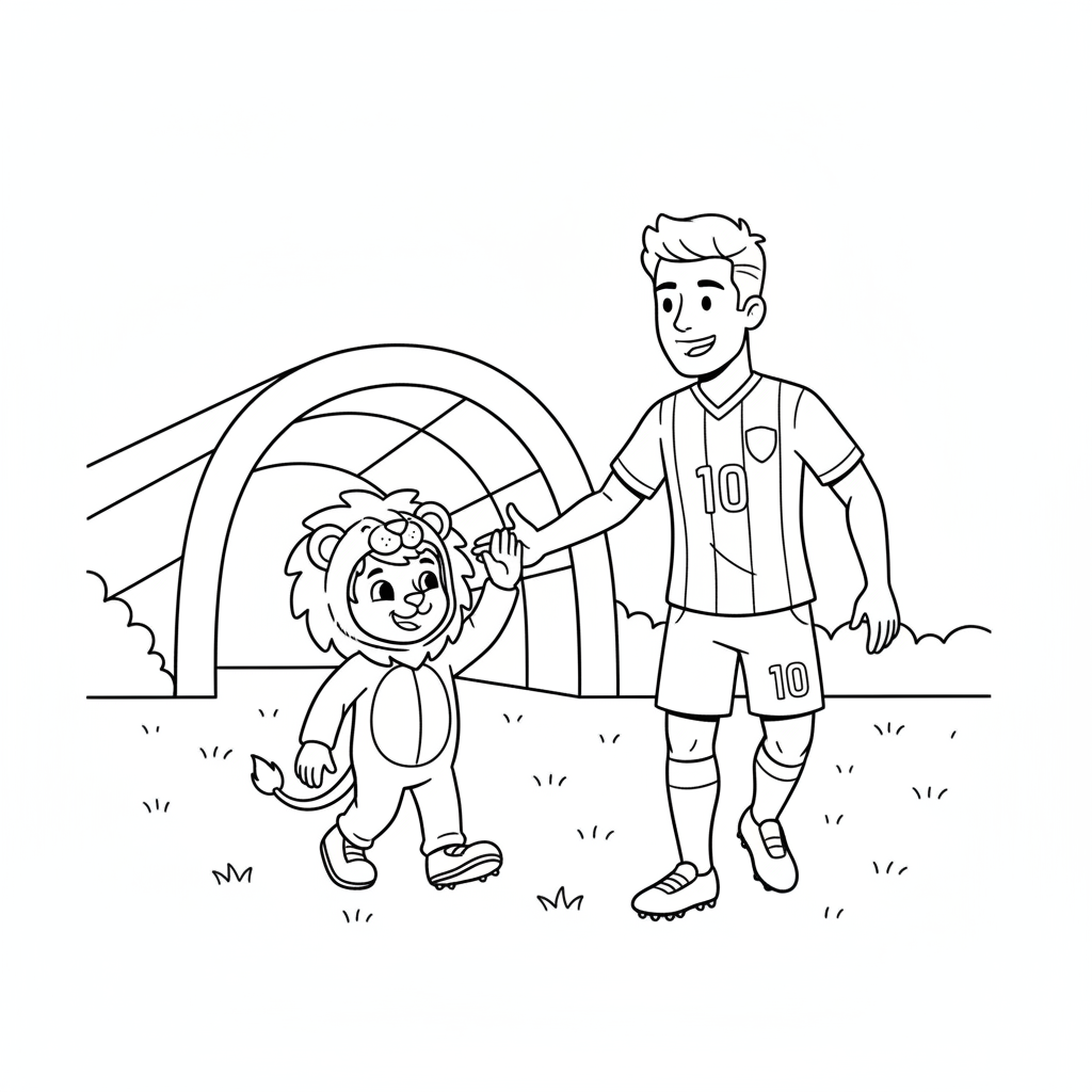 Soccer player high fiving young mascot walking onto field - Free Printable Coloring Page