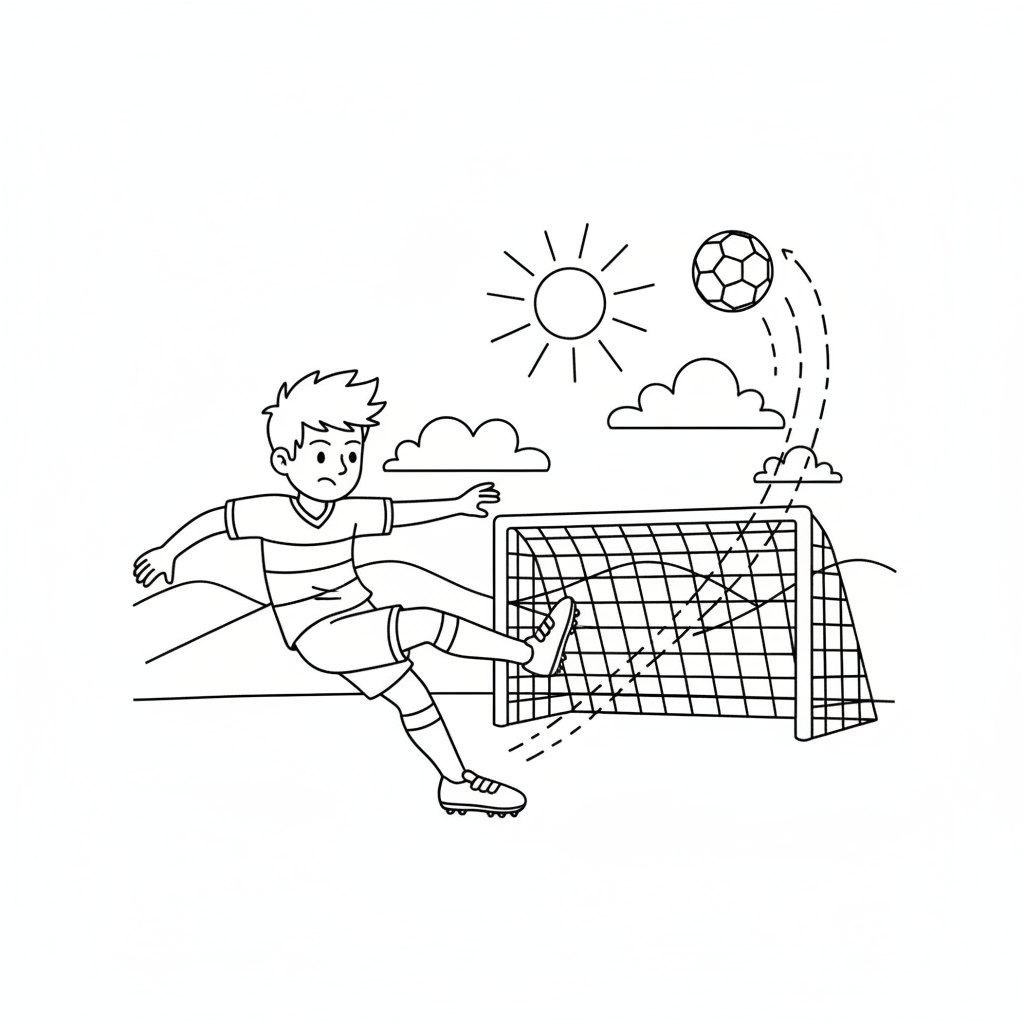 Soccer star outside foot curl shot bending into far post - Free Printable Coloring Page