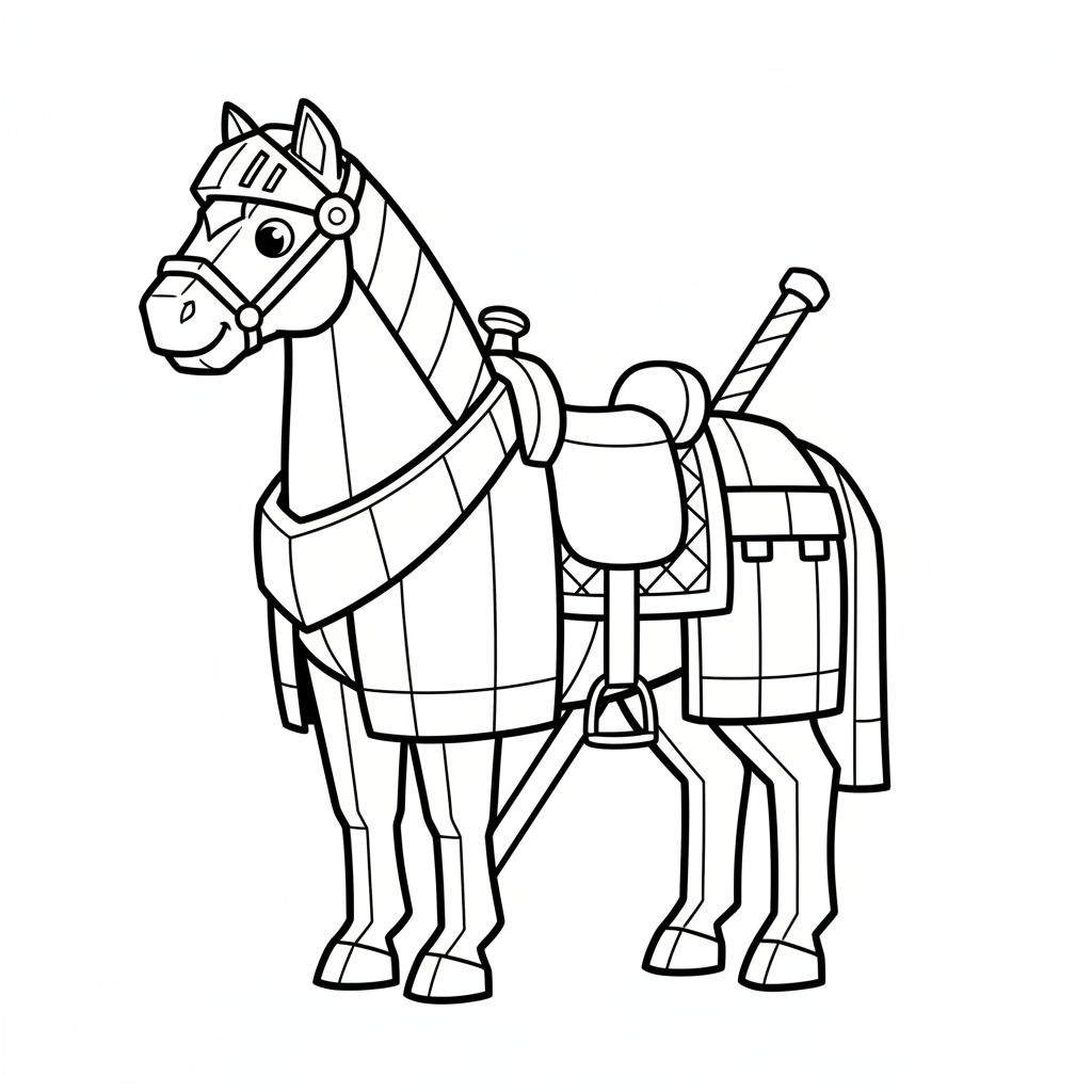 A blocky horse with saddle and armor ready to ride - Free Printable Coloring Page