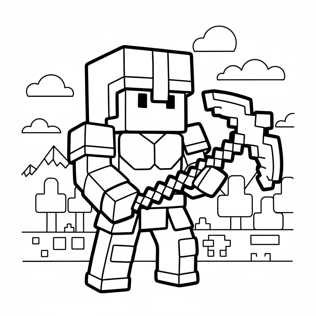 Een blokkerige pixel-art avonturier met een diamanten houweel in zijn hand, klaar om te gaan mijnen. - Gratis afdrukbare kleurplaat