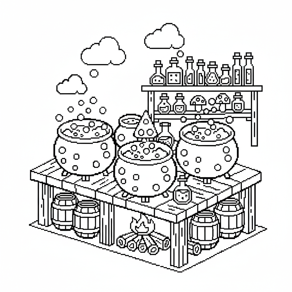 A brewing stand making colorful bubbling potions pixel art - Free Printable Coloring Page A brewing stand making colorful bubbling potions pixel art - Free Printable Coloring Page