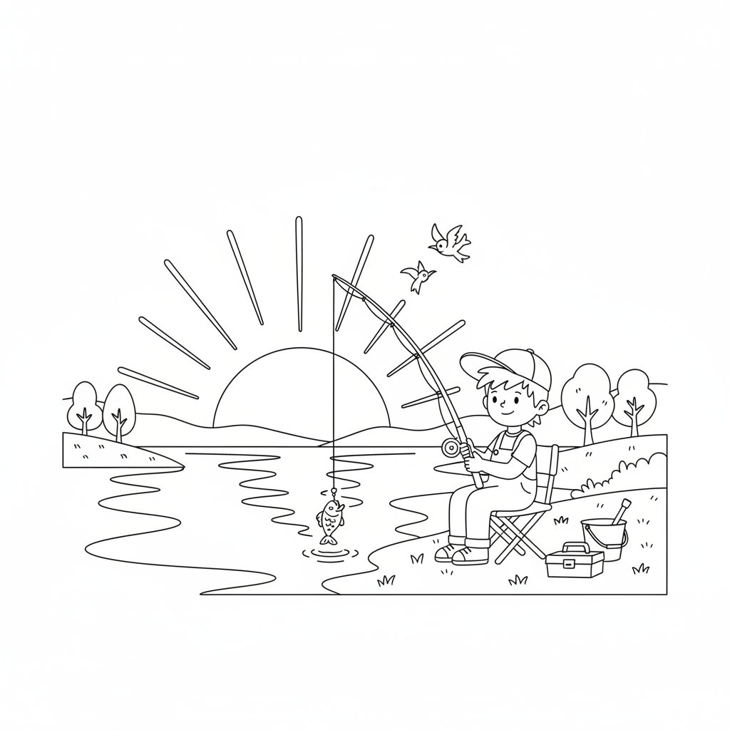 Alex fishing at peaceful lake sunset scene - Free Printable Coloring Page Alex fishing at peaceful lake sunset scene - Free Printable Coloring Page