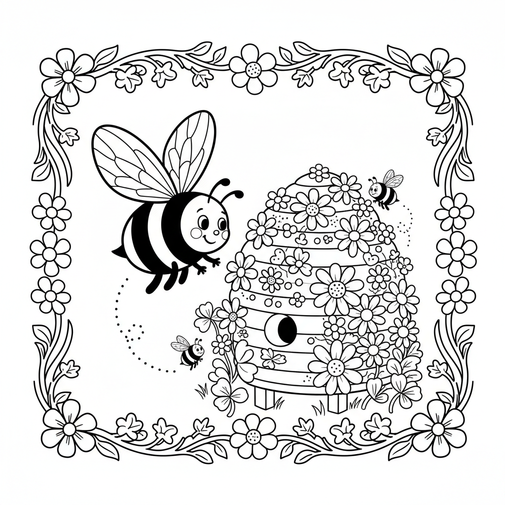 Abeja volando cerca de las flores de la colmena polinizando - Página para colorear gratis Abeja volando cerca de las flores de la colmena polinizando - Página para colorear gratis