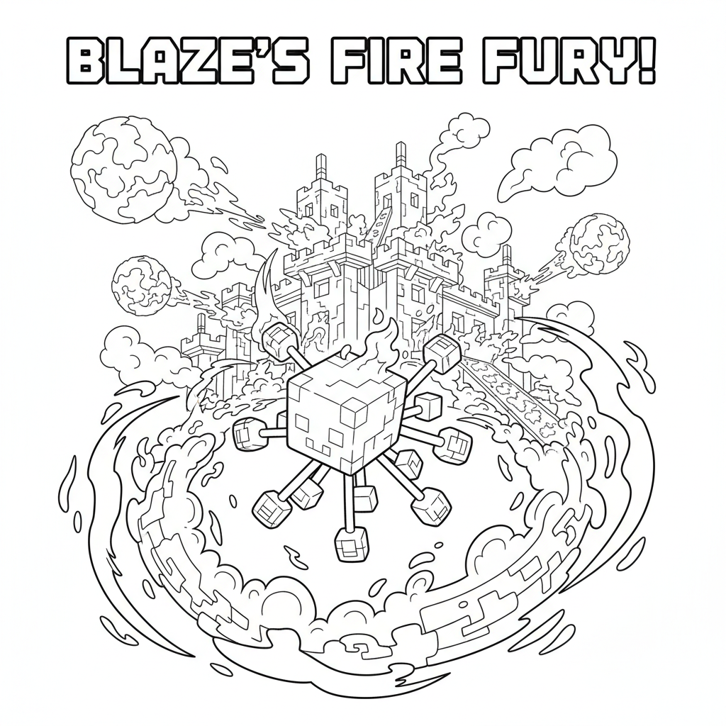 Blaze floating in Nether fortress fire attack - Free Printable Coloring Page Blaze floating in Nether fortress fire attack - Free Printable Coloring Page