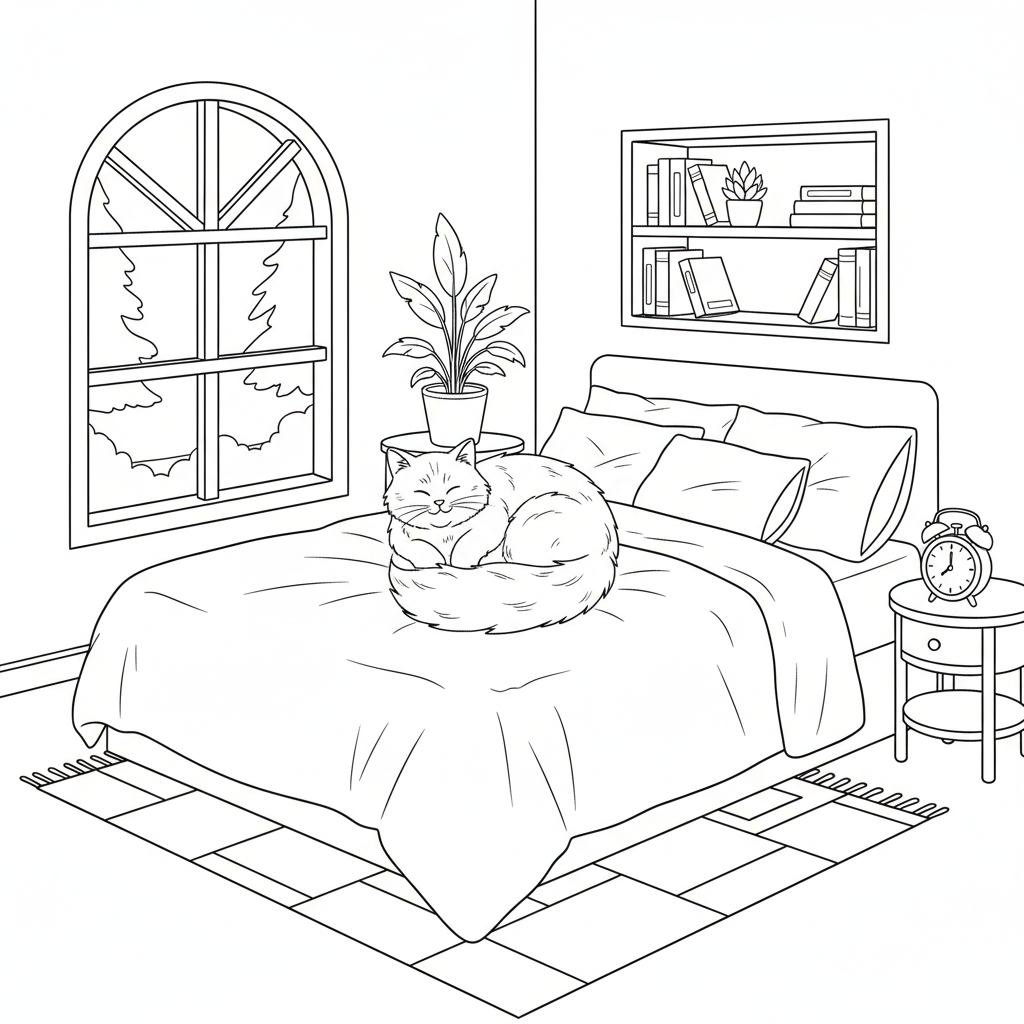 Gato sentado en la cama en una casa acogedora - Página para colorear gratis Gato sentado en la cama en una casa acogedora - Página para colorear gratis