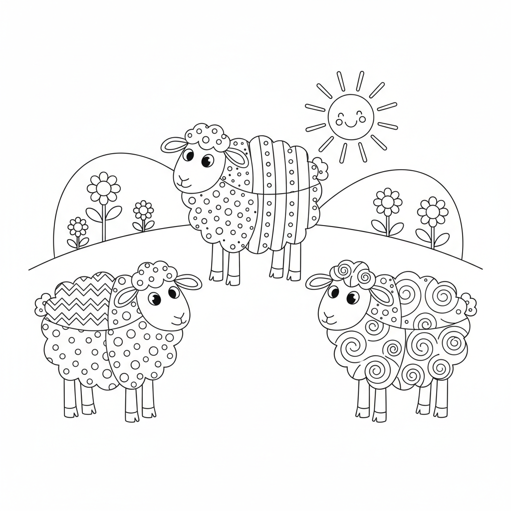Sheep Colouring Patterns Sheep with colorful wool patterns in field Coloring Page