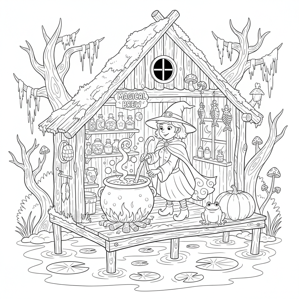 Witch in swamp hut brewing magical potions - Free Printable Coloring Page Witch in swamp hut brewing magical potions - Free Printable Coloring Page