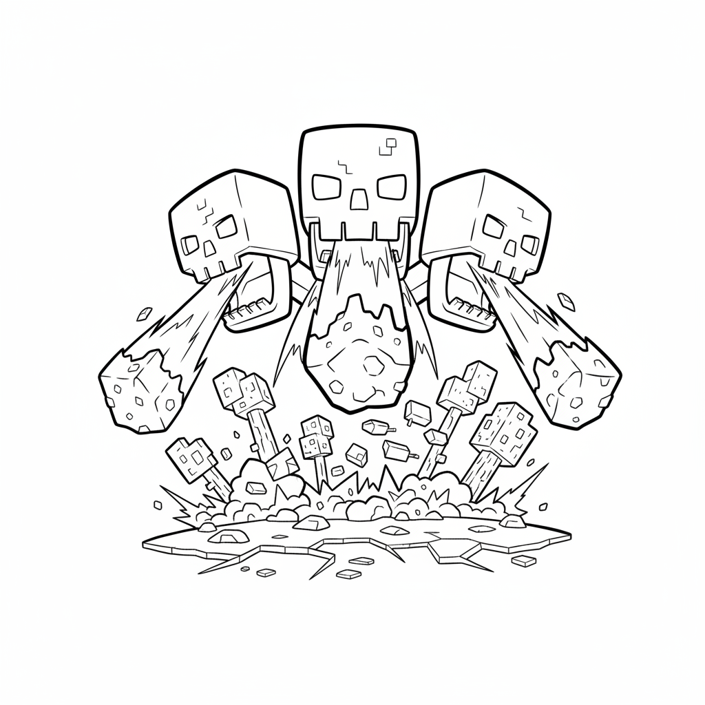 Wither boss three heads attacking destructive Coloring Page