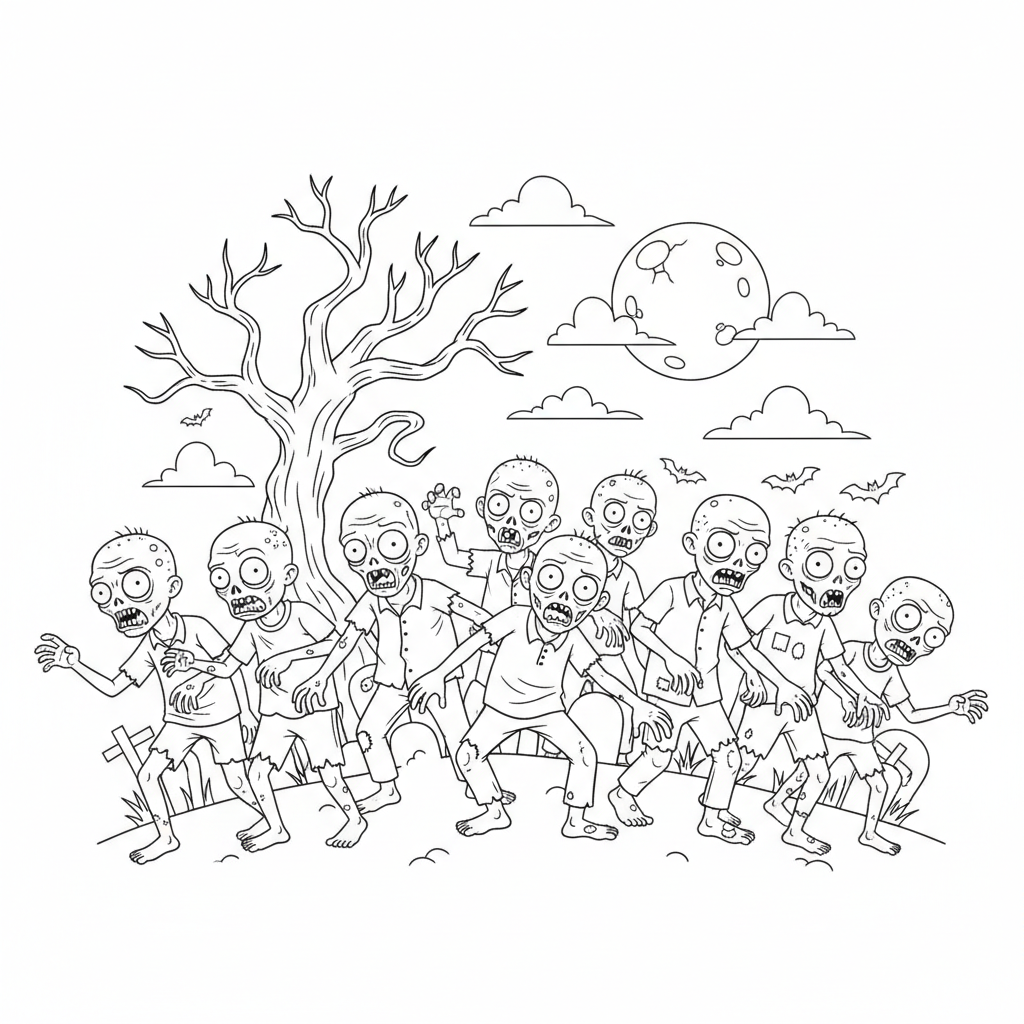 Zombie horde walking at night spooky scene - Free Printable Coloring Page Zombie horde walking at night spooky scene - Free Printable Coloring Page