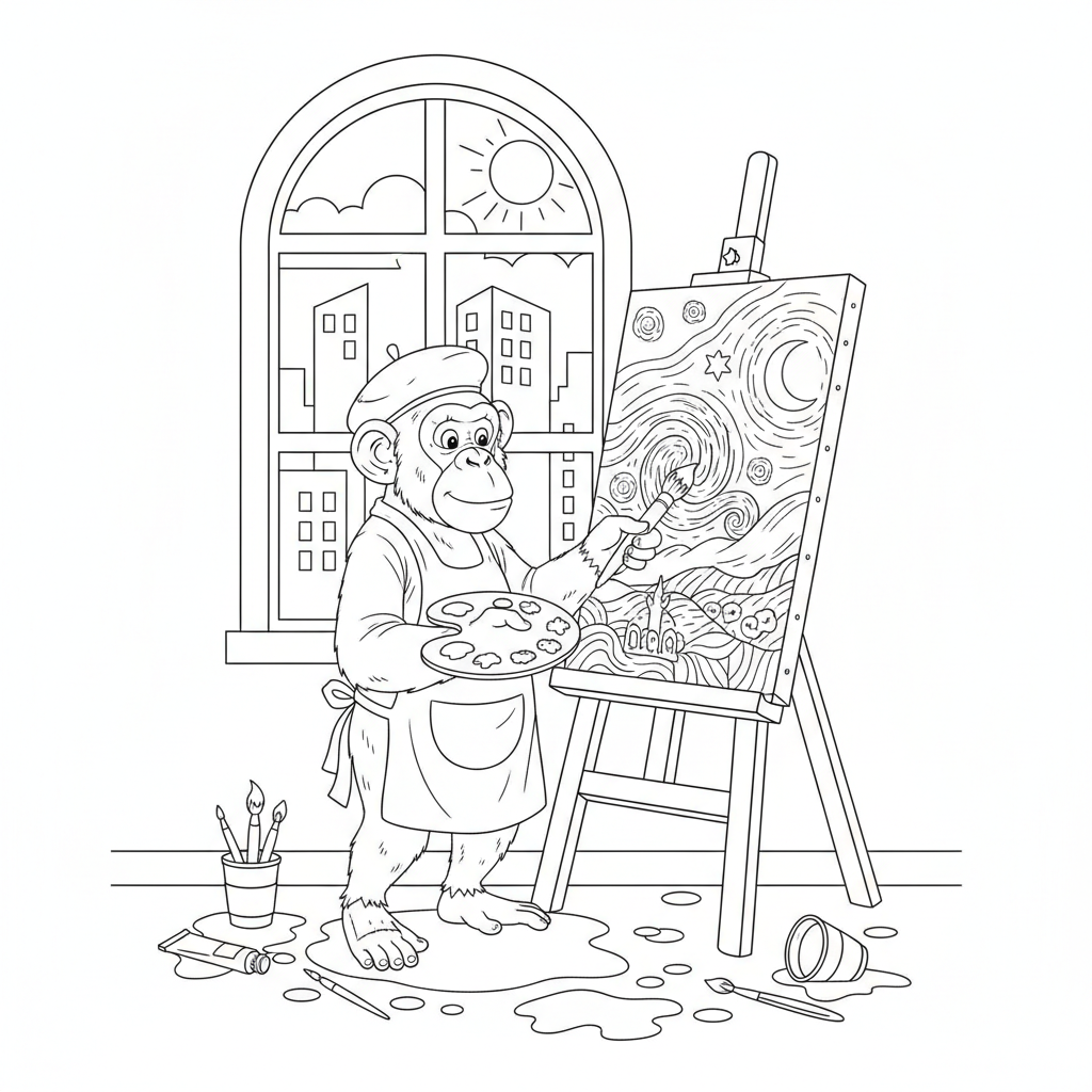 Monkey Artist Painting Masterpiece - Free Printable Coloring Page Monkey Artist Painting Masterpiece - Free Printable Coloring Page