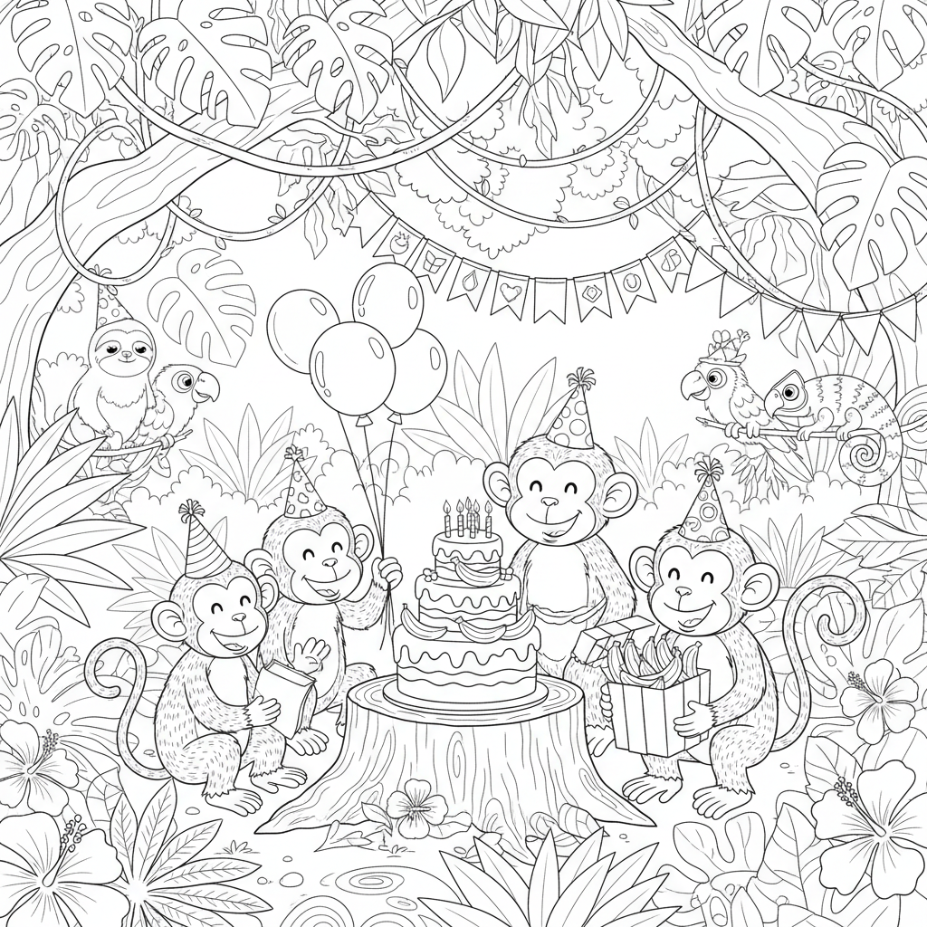 Monkey Birthday Party Jungle - Free Printable Coloring Page Monkey Birthday Party Jungle - Free Printable Coloring Page