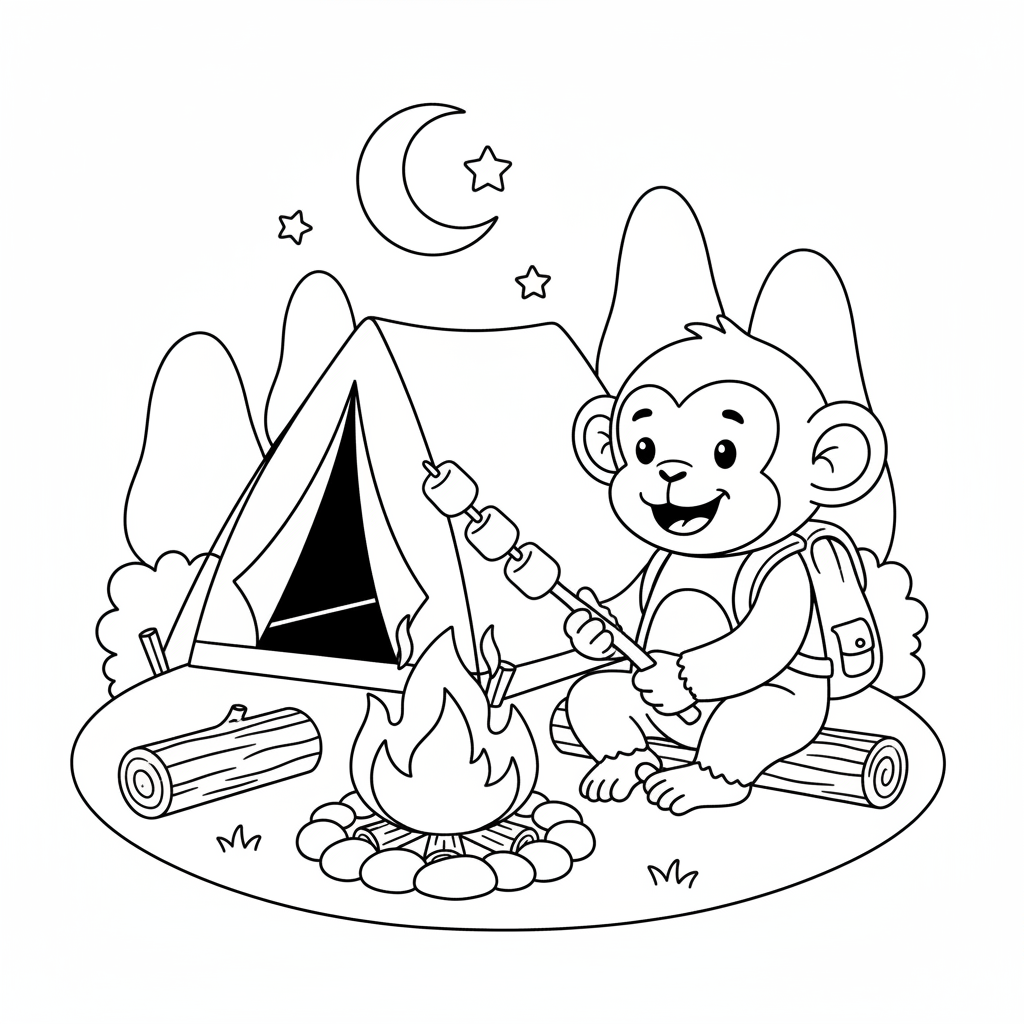 Apa campingtält vid eld marshmallows utomhus - Gratis utskrivbar målarbild Apa campingtält vid eld marshmallows utomhus - Gratis utskrivbar målarbild