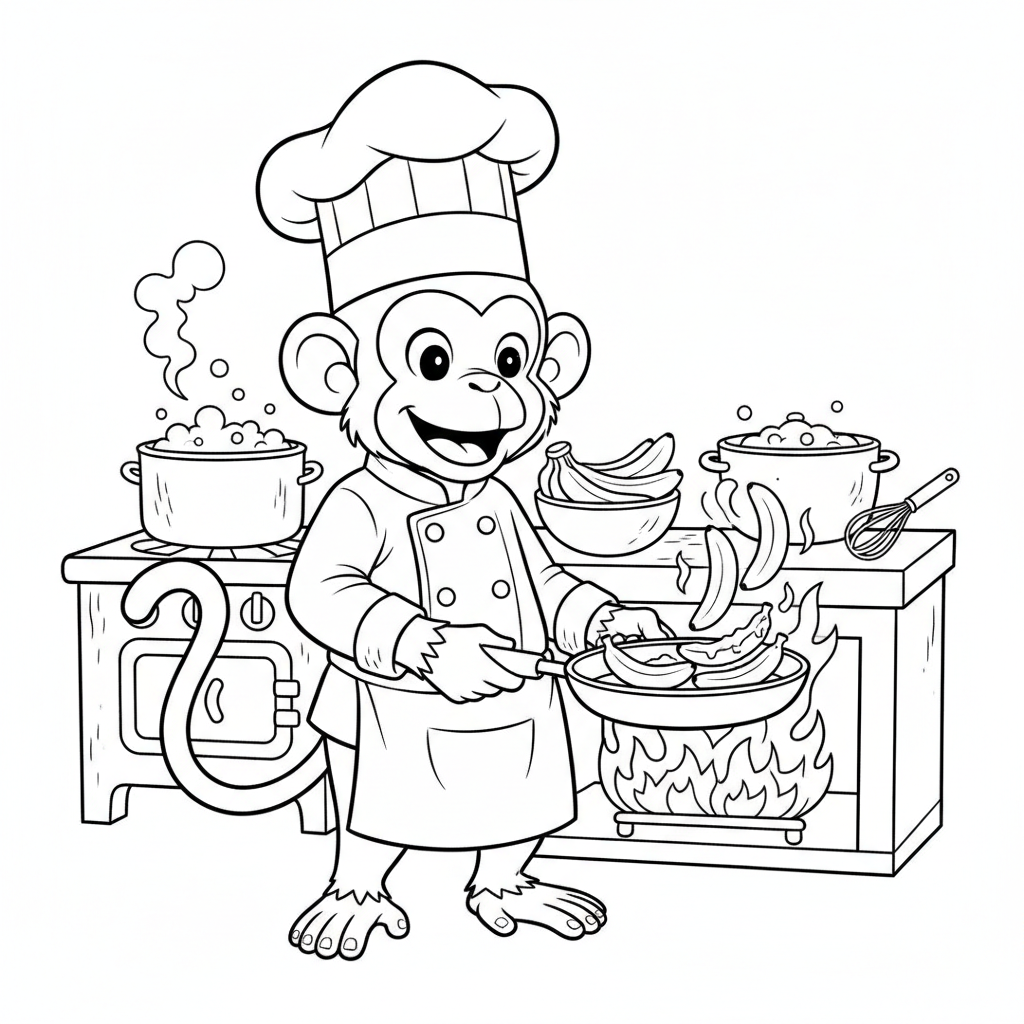 Monkey Chef Cooking Bananas - Free Printable Coloring Page Monkey Chef Cooking Bananas - Free Printable Coloring Page
