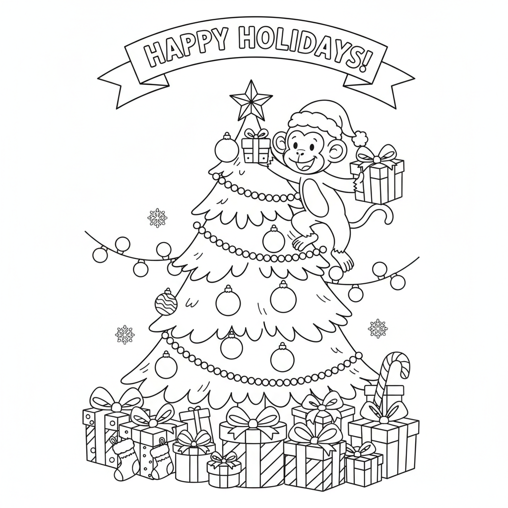 Apa julklappar träd semester firande - Gratis utskrivbar målarbild Apa julklappar träd semester firande - Gratis utskrivbar målarbild