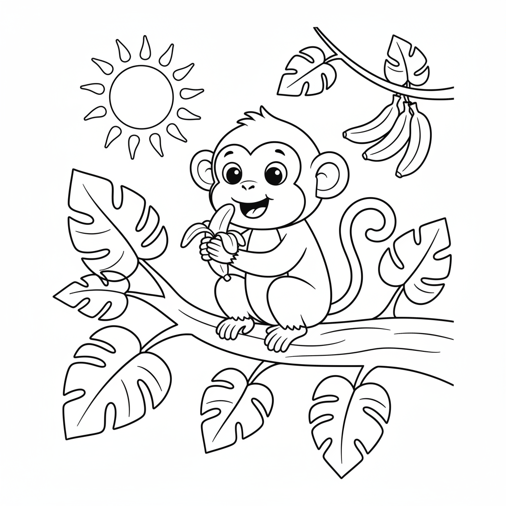 Mono comiendo plátano sentado en la rama de un árbol - Free Printable Coloring Page
