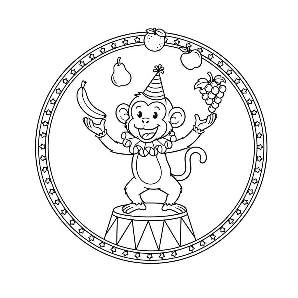 Monkey juggling fruit circus talented performer - Free Printable Coloring Page Monkey juggling fruit circus talented performer - Free Printable Coloring Page