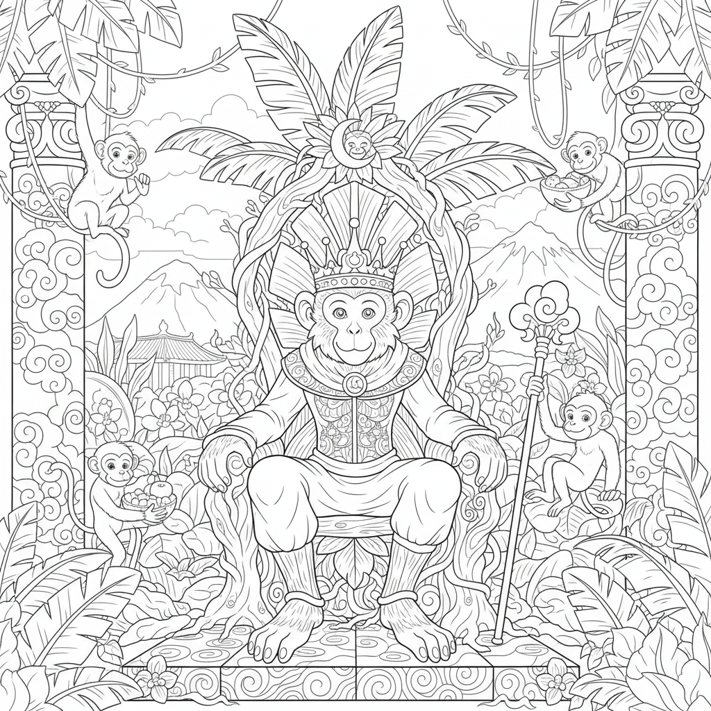 Monkey king crown throne royal jungle ruler - Free Printable Coloring Page Monkey king crown throne royal jungle ruler - Free Printable Coloring Page