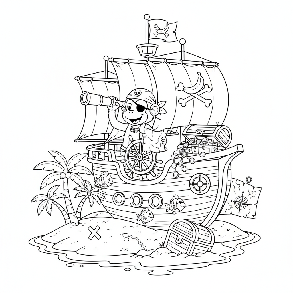 Monkey pirate treasure hunting adventure ship - Free Printable Coloring Page