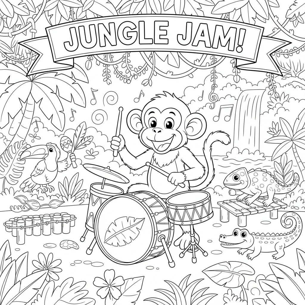 Mono tocando la batería en un concierto de percusión de una banda de la selva - Free Printable Coloring Page