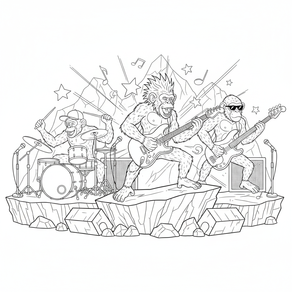 Monkey Rock Band Playing Music - Free Printable Coloring Page Monkey Rock Band Playing Music - Free Printable Coloring Page