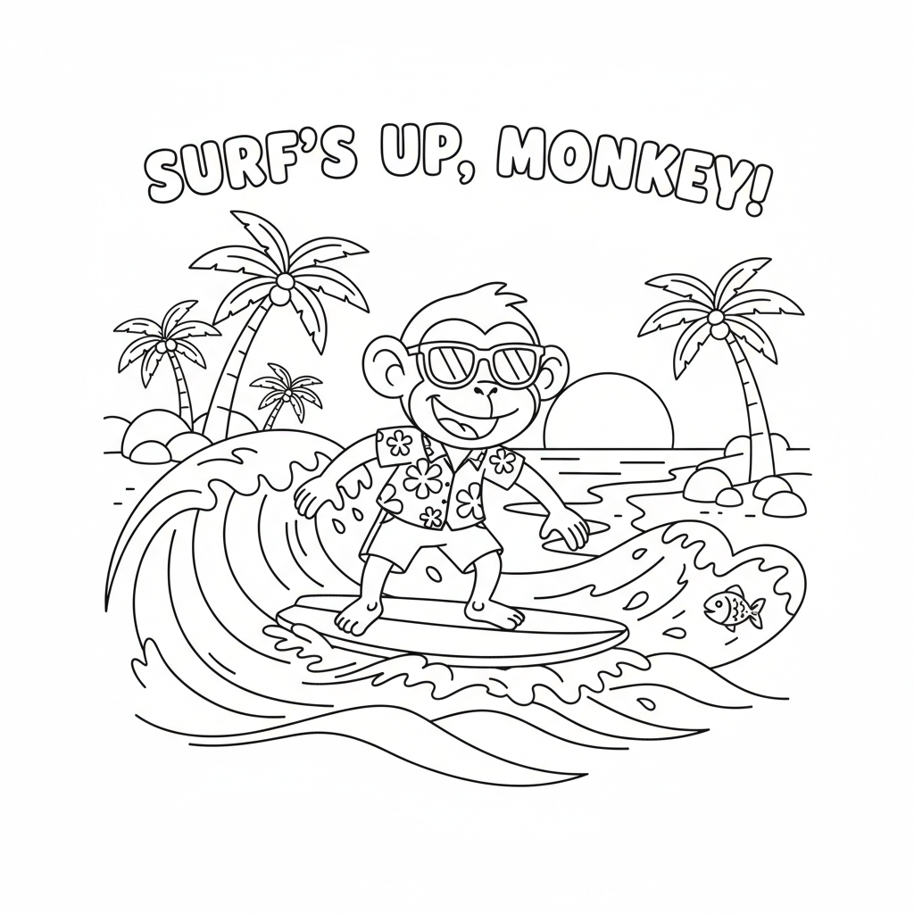 Monkey surfer riding waves beach ocean sport - Free Printable Coloring Page