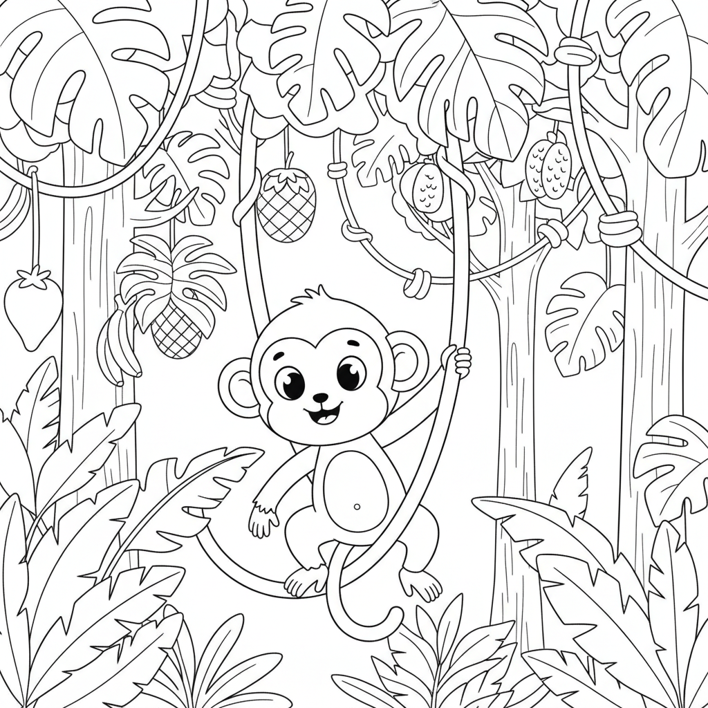 Apa som svingar sig på en vinranka genom tät djungelkrona - Gratis utskrivbar målarbild Apa som svingar sig på en vinranka genom tät djungelkrona - Gratis utskrivbar målarbild