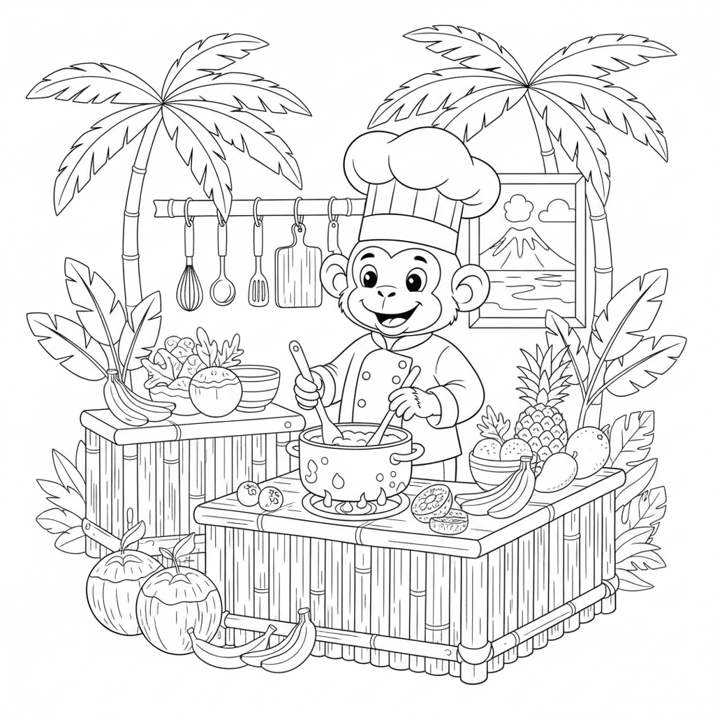 Mono con gorro de chef cocinando en una cocina tropical - Free Printable Coloring Page