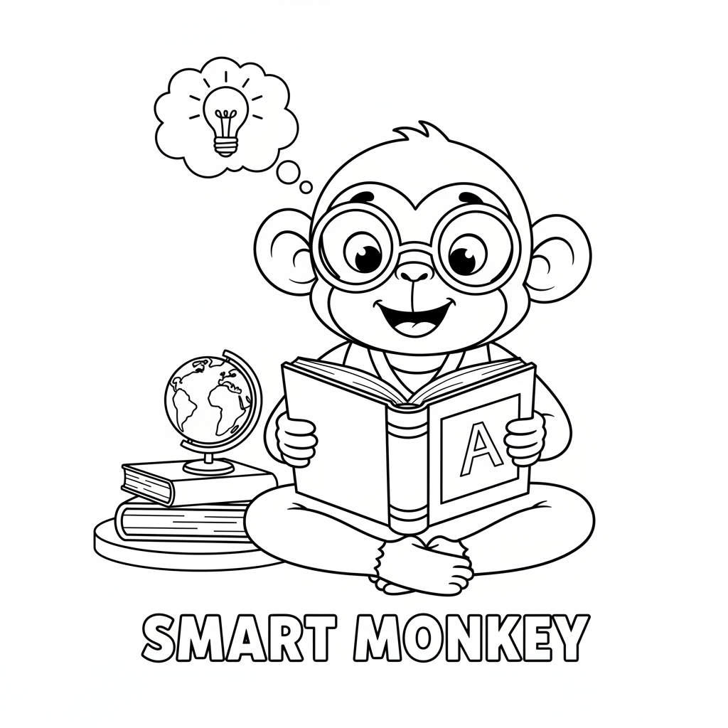 Monkey wearing glasses reading book intelligent - Free Printable Coloring Page Monkey wearing glasses reading book intelligent - Free Printable Coloring Page