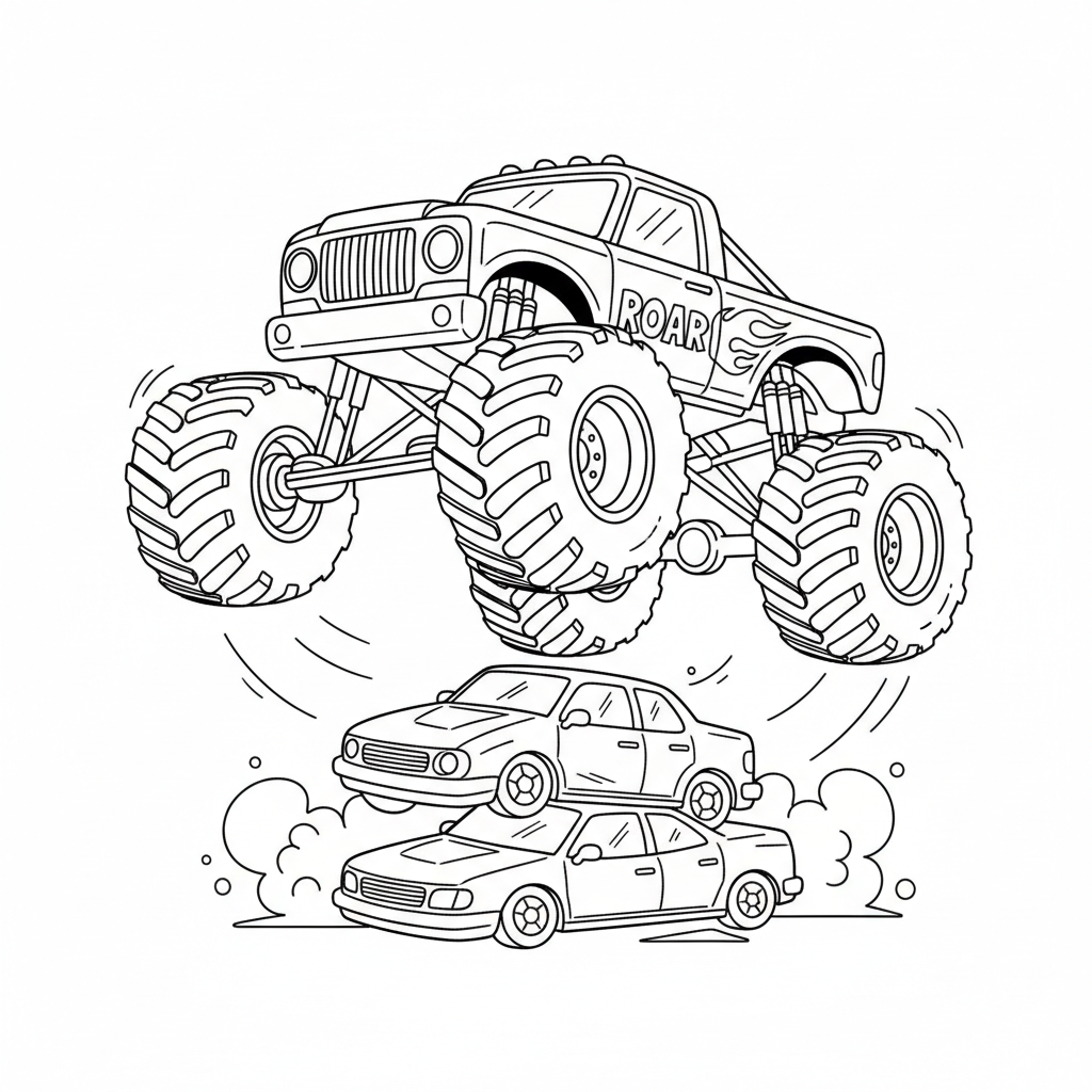 A giant monster truck with enormous wheels jumping over crushed cars - Free Printable Coloring Page A giant monster truck with enormous wheels jumping over crushed cars - Free Printable Coloring Page