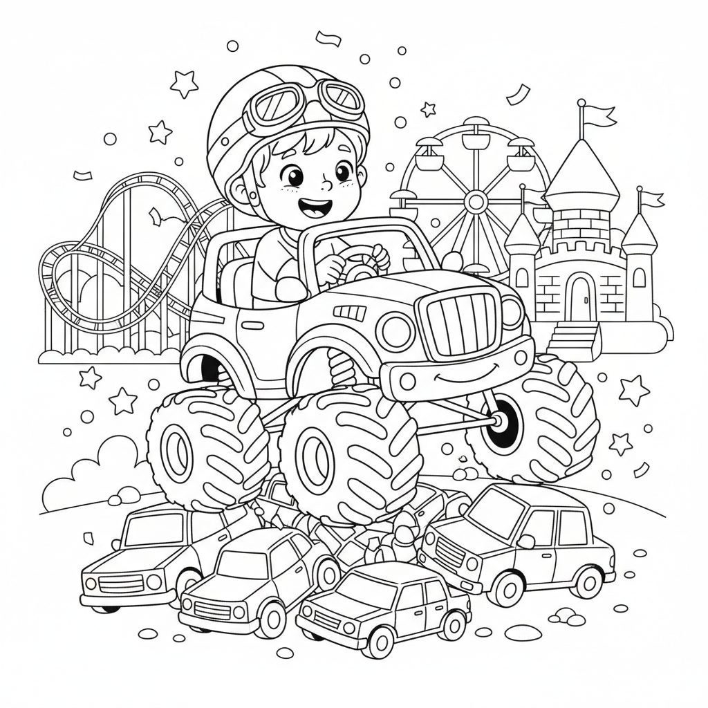 A kid driving a mini monster truck at a fun park - Free Printable Coloring Page A kid driving a mini monster truck at a fun park - Free Printable Coloring Page