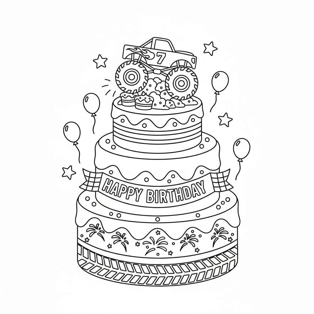 Taartdecoraties met een monstertruckthema voor een verjaardagsfeest. - Gratis afdrukbare kleurplaat