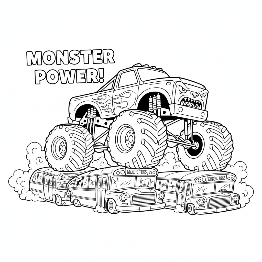 En monstertruck som krossar gamla skolbussar med platt kraft - Gratis utskrivbar målarbild En monstertruck som krossar gamla skolbussar med platt kraft - Gratis utskrivbar målarbild