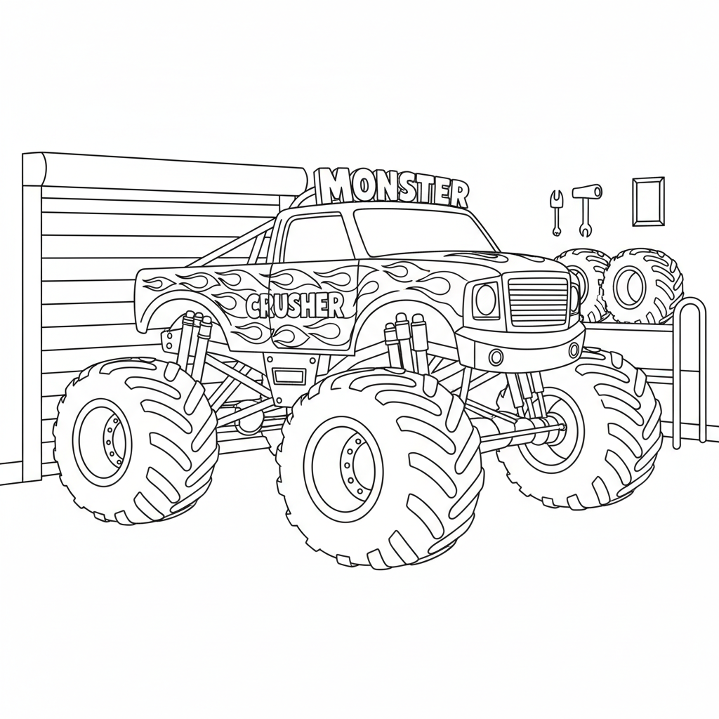 Een monstertruck versierd met vlammenlak in de garage - Gratis afdrukbare kleurplaat Een monstertruck versierd met vlammenlak in de garage - Gratis afdrukbare kleurplaat