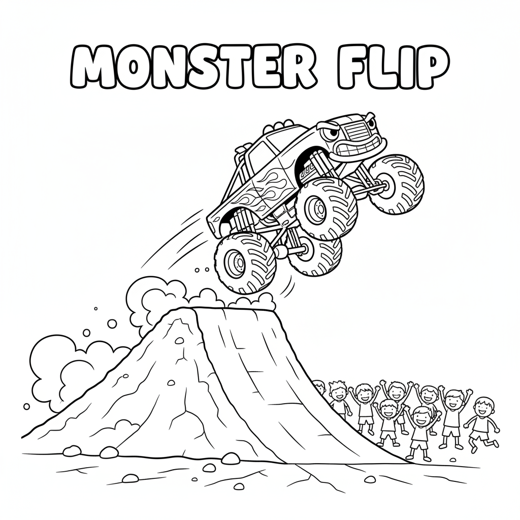 En monstertruck gör bakåtvolt från en massiv ramp extremt - Free Printable Coloring Page En monstertruck gör bakåtvolt från en massiv ramp extremt - Free Printable Coloring Page