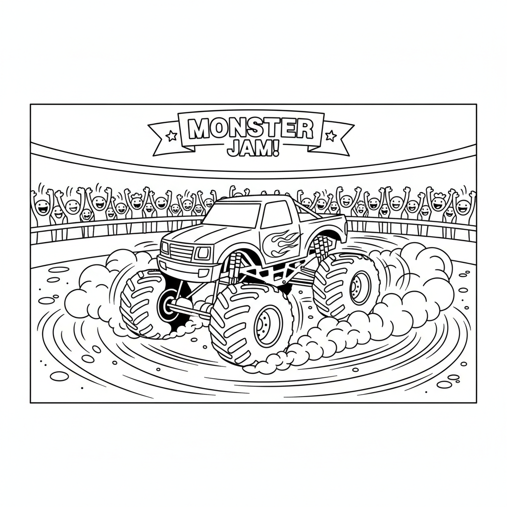 Een monstertruck die donuts draait en rondjes draait in een zandarena. - Gratis afdrukbare kleurplaat