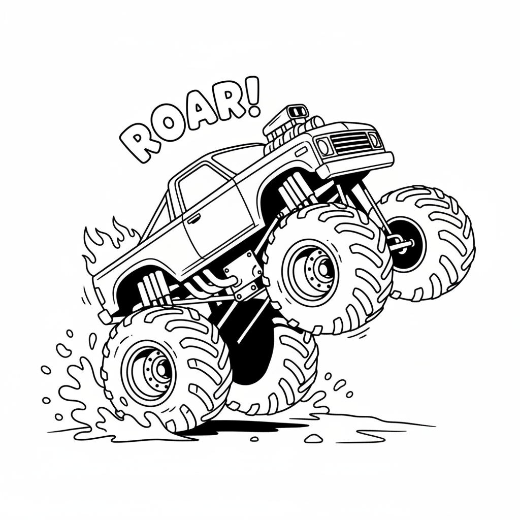 En monstertruck som gör wheelie på två bakdäckstunt - Gratis utskrivbar målarbild En monstertruck som gör wheelie på två bakdäckstunt - Gratis utskrivbar målarbild