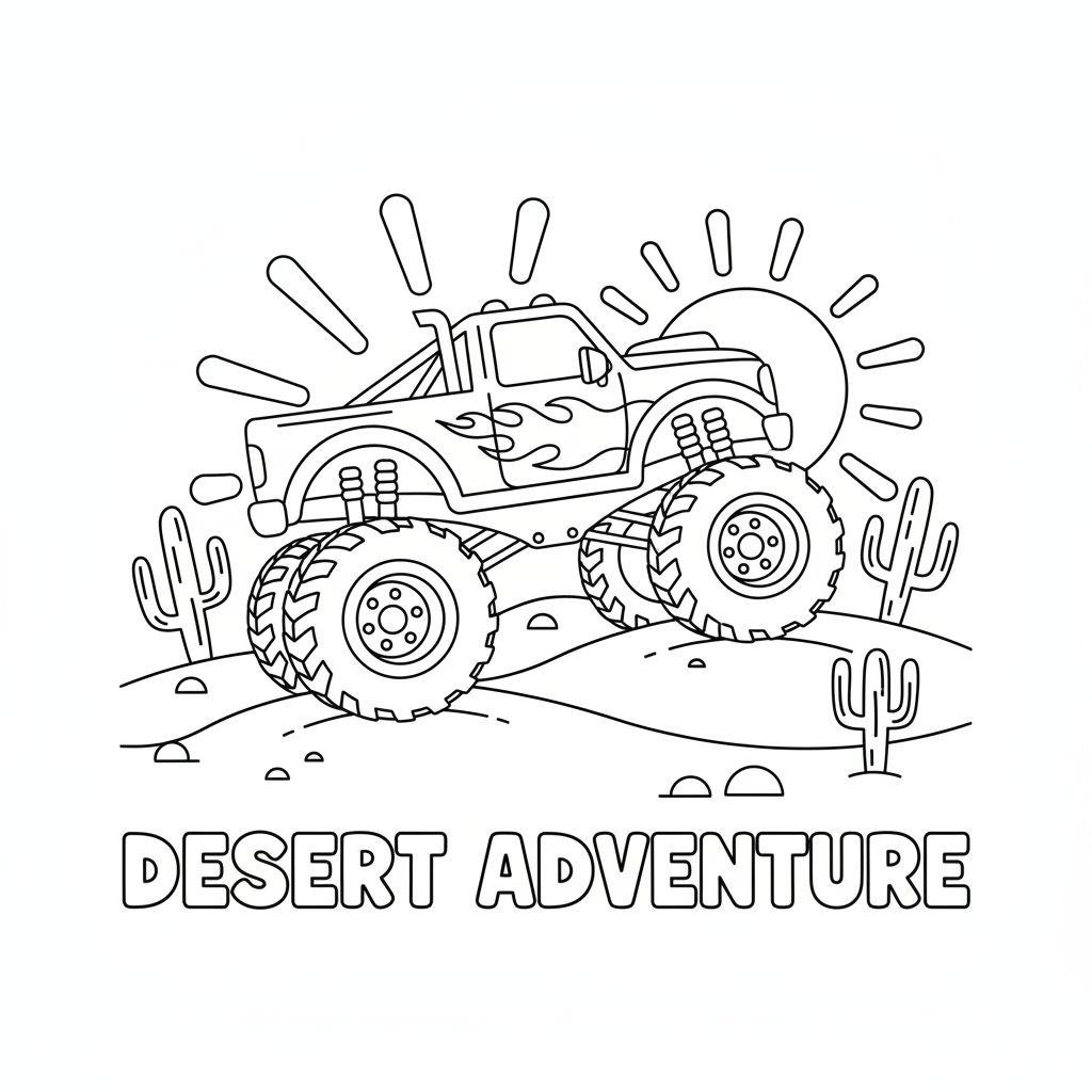 Een monstertruck die over zandduinen rijdt: een woestijnavontuur - Gratis afdrukbare kleurplaat